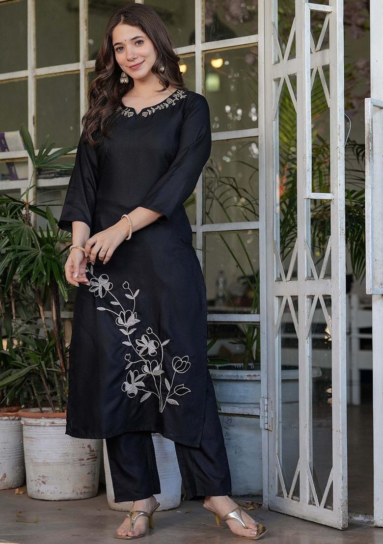 Black Embroidered Viscose Kurta Set - Indya