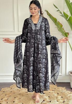 Black Printed Cotton Kurta Set