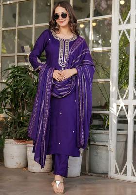 Purple Embroidered Viscose Kurta Set
