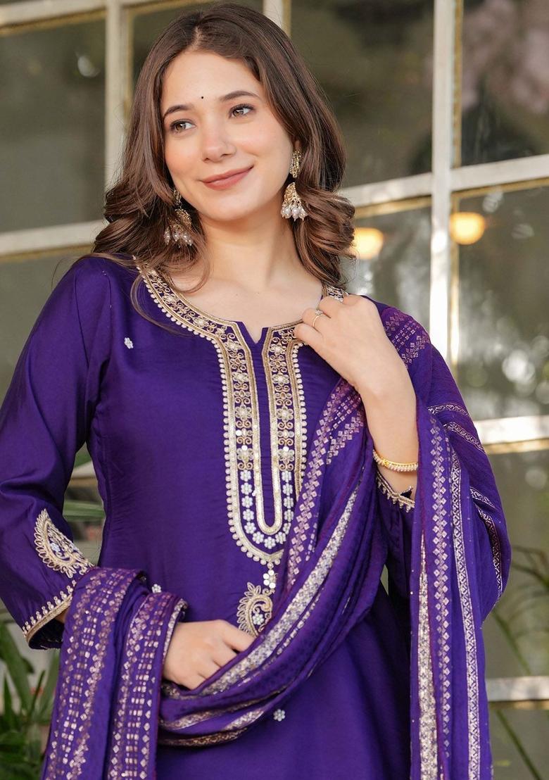Purple Embroidered Viscose Kurta Set - Indya