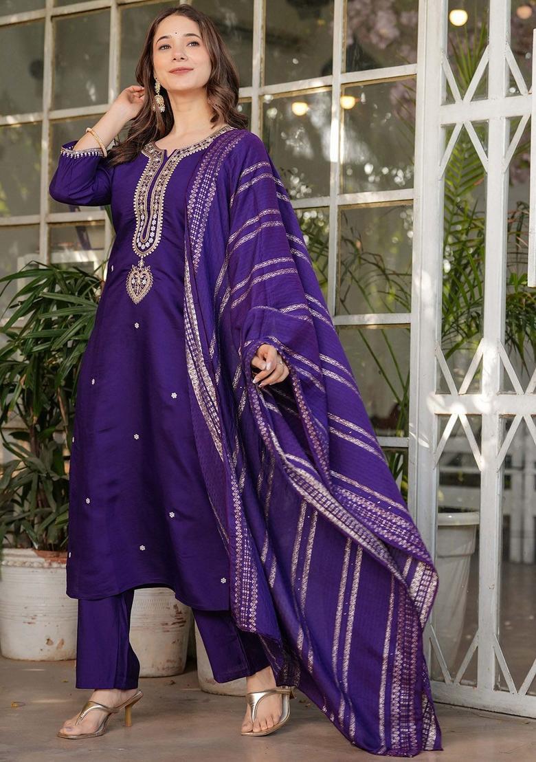 Purple Embroidered Viscose Kurta Set - Indya