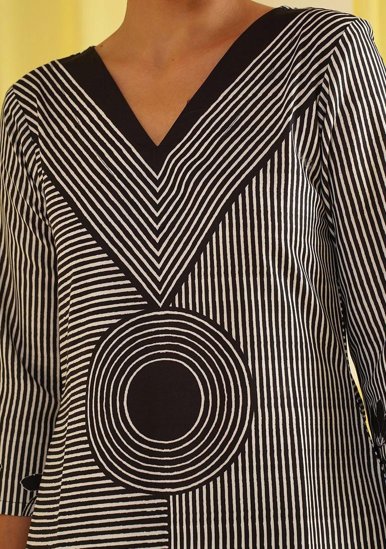 Black Printed Cotton Kurta Set - Indya