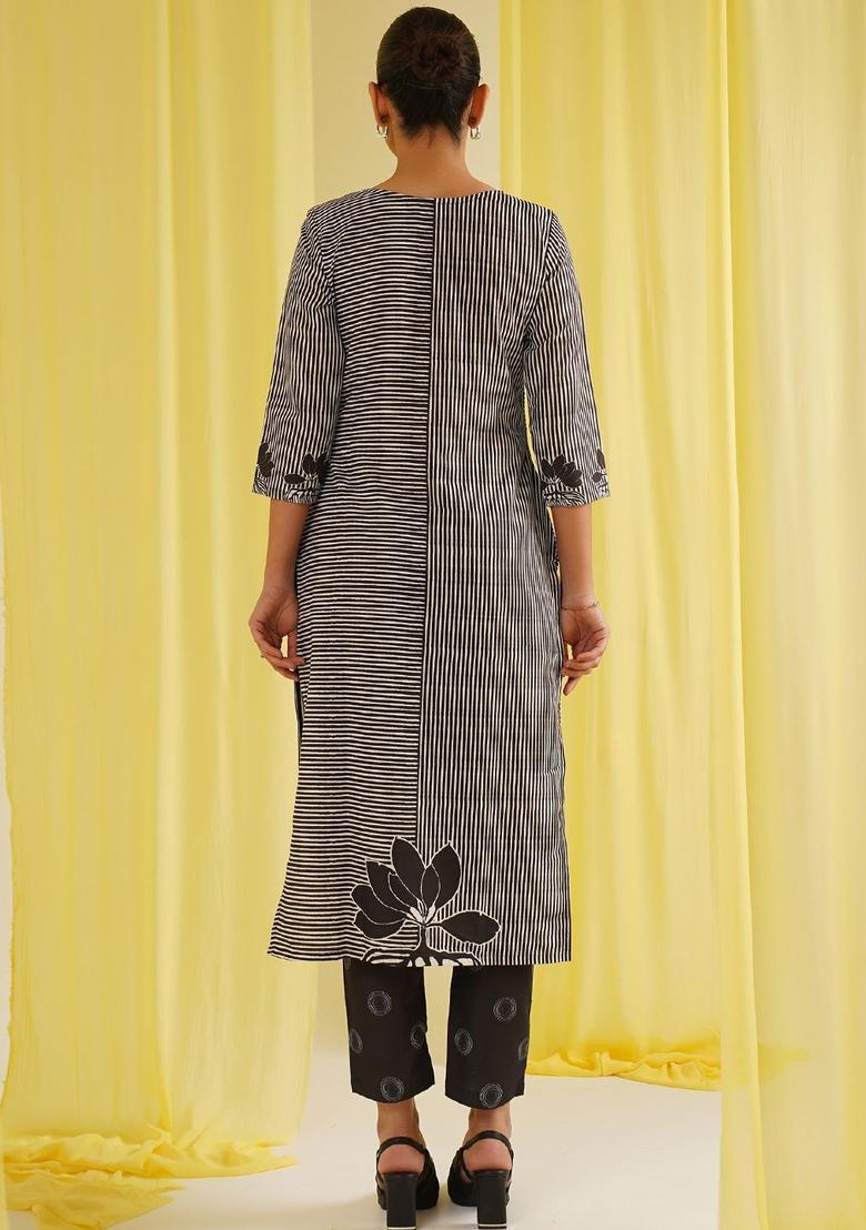 Black Printed Cotton Kurta Set - Indya