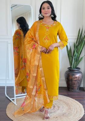 Mustard Embroidered Cotton Kurta Set