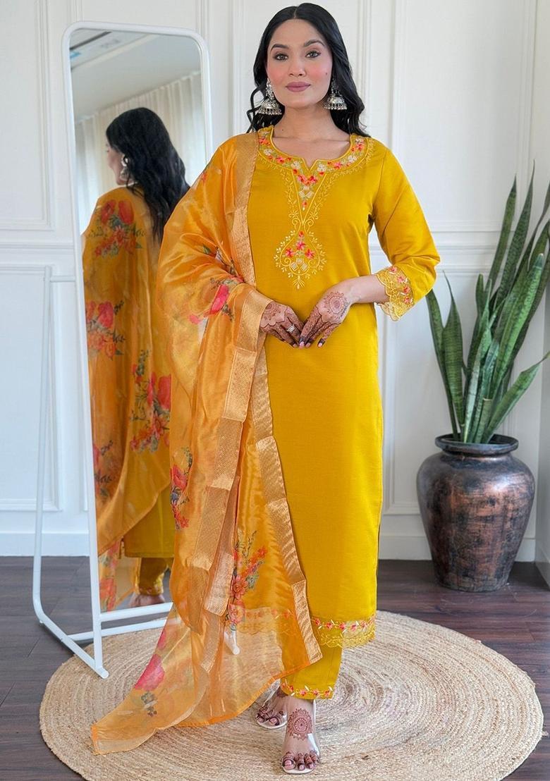 Mustard Embroidered Cotton Kurta Set - Indya