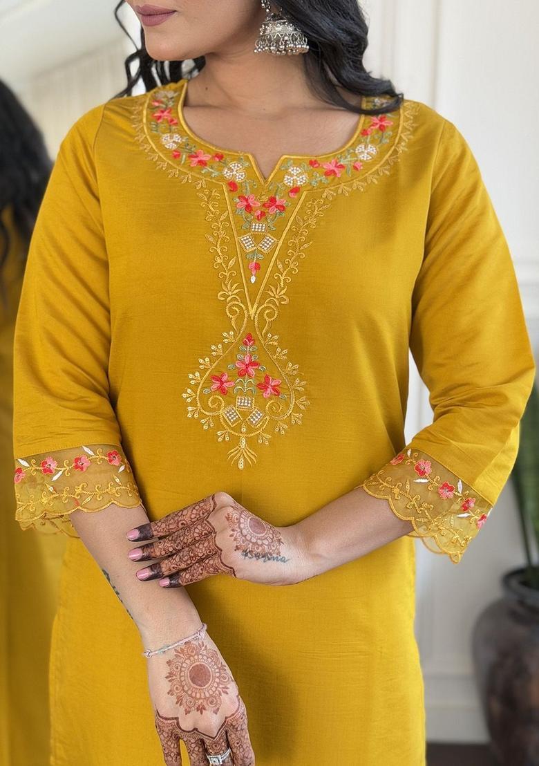 Mustard Embroidered Cotton Kurta Set - Indya