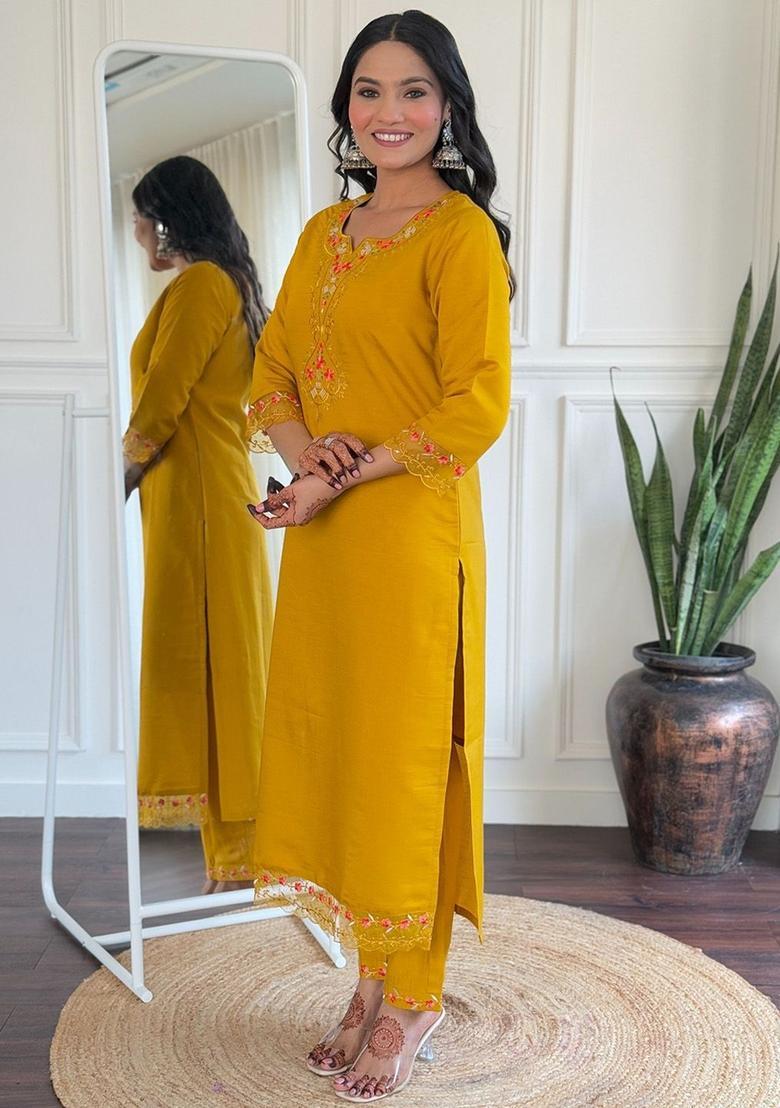 Mustard Embroidered Cotton Kurta Set - Indya