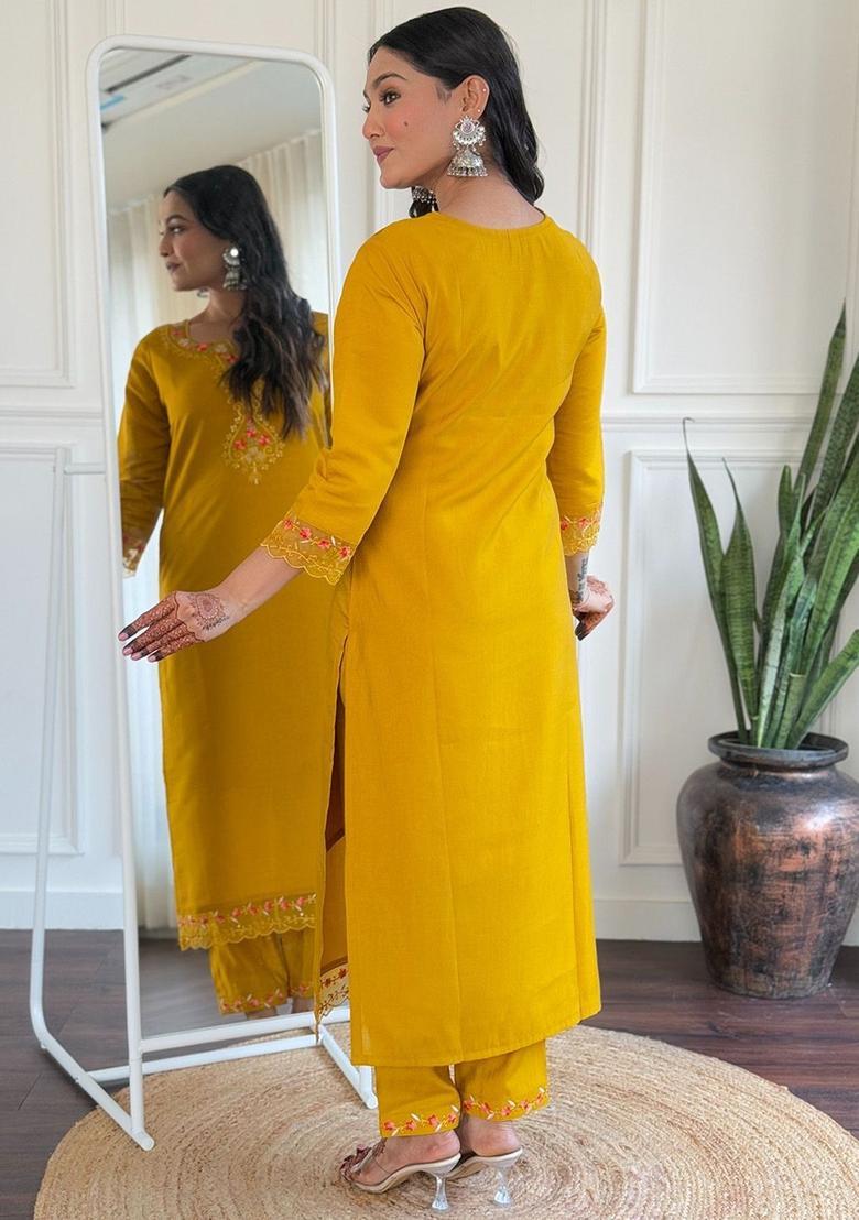 Mustard Embroidered Cotton Kurta Set - Indya