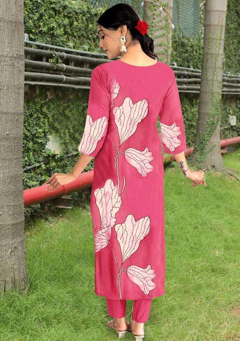 Pink Printed Viscose Kurta Set - Indya