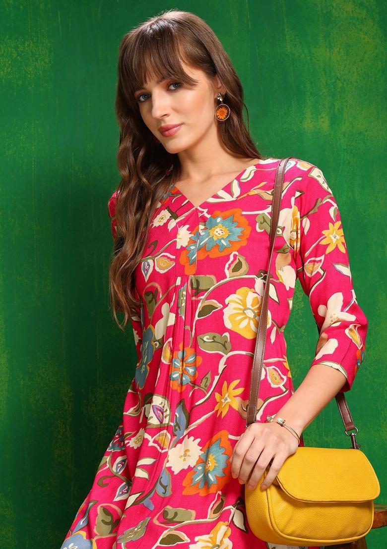 Fuchsia Printed Viscose Kurta Set - Indya