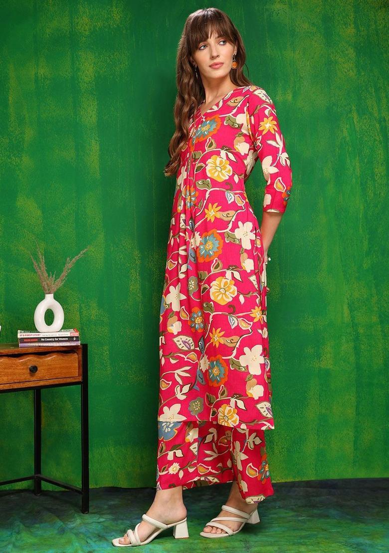 Fuchsia Printed Viscose Kurta Set - Indya