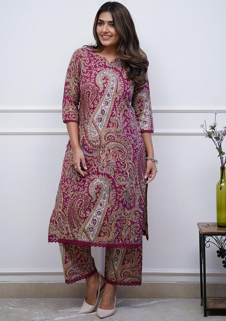 Maroon Printed Viscose Kurta Set - Indya