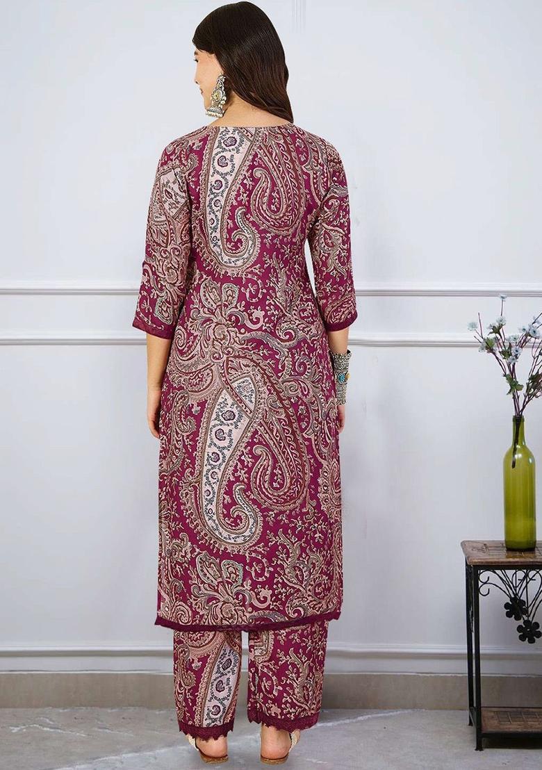 Maroon Printed Viscose Kurta Set - Indya