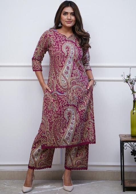 Maroon Printed Viscose Kurta Set