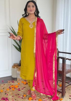 Mustard Yoke Design Silk Kurta Set
