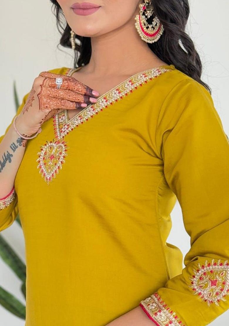 Mustard Yoke Design Silk Kurta Set - Indya