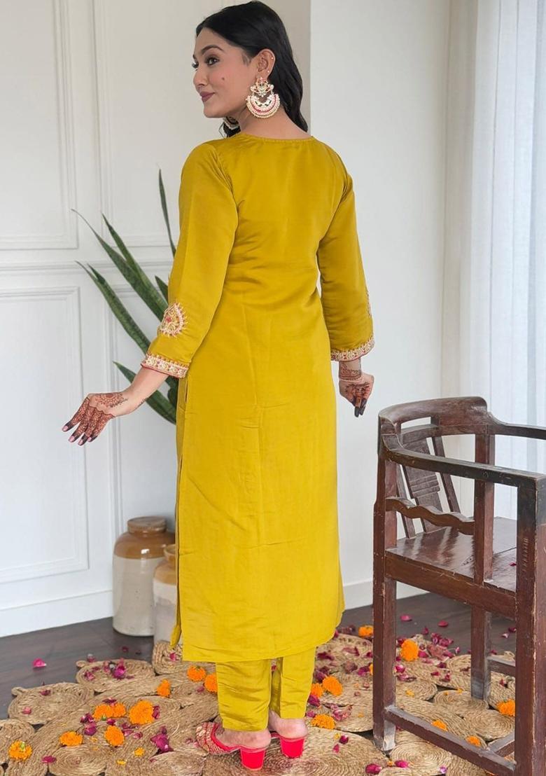 Mustard Yoke Design Silk Kurta Set - Indya