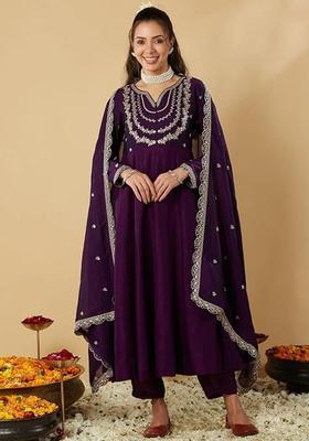 Purple Embroidered Silk Kurta Set