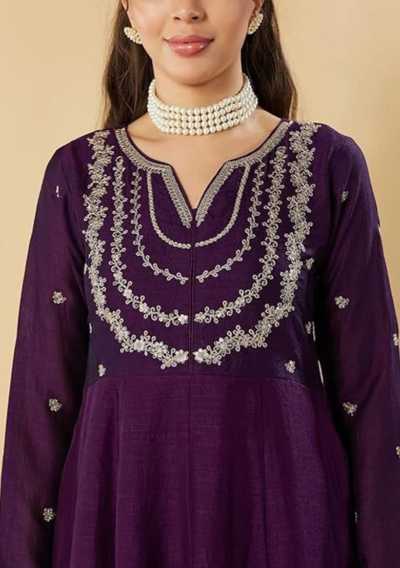 Purple Embroidered Silk Kurta Set - Indya