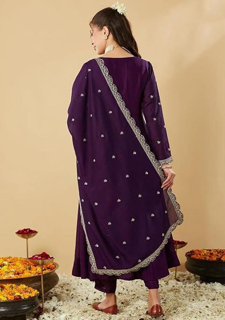 Purple Embroidered Silk Kurta Set - Indya