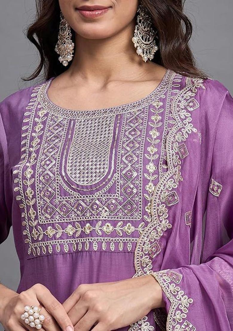 Lavender Embroidered Chinon Kurta Set - Indya