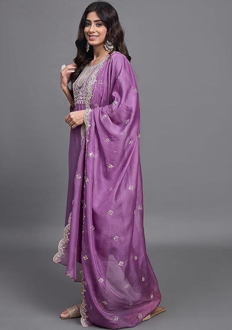 Lavender Embroidered Chinon Kurta Set - Indya