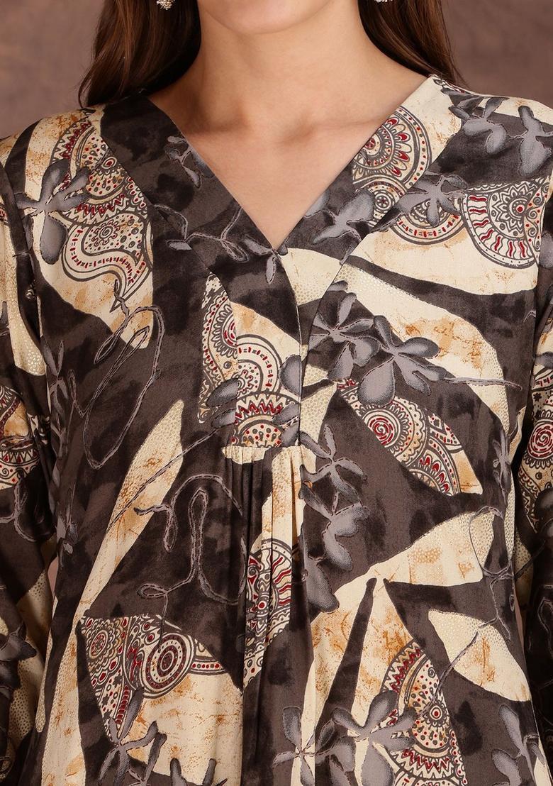 Grey Printed Viscose Kurta Set - Indya