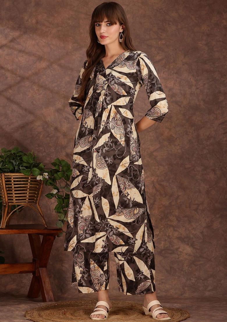Grey Printed Viscose Kurta Set - Indya