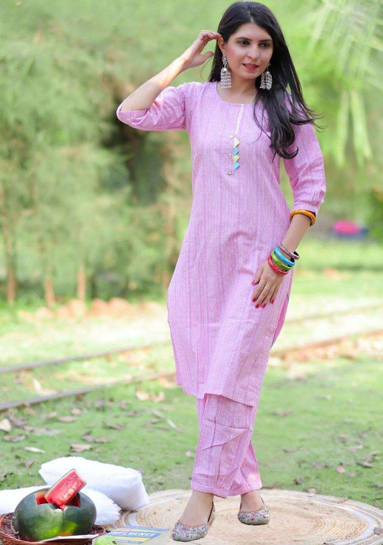 Pink Striped Cotton Kurta Set - Indya