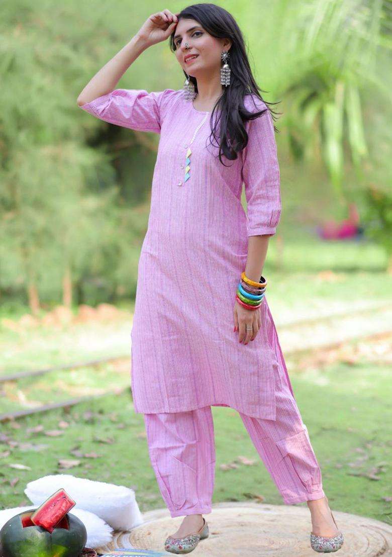 Pink Striped Cotton Kurta Set - Indya