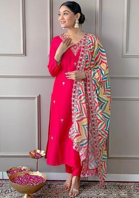 Red Embroidered Viscose Kurta Set