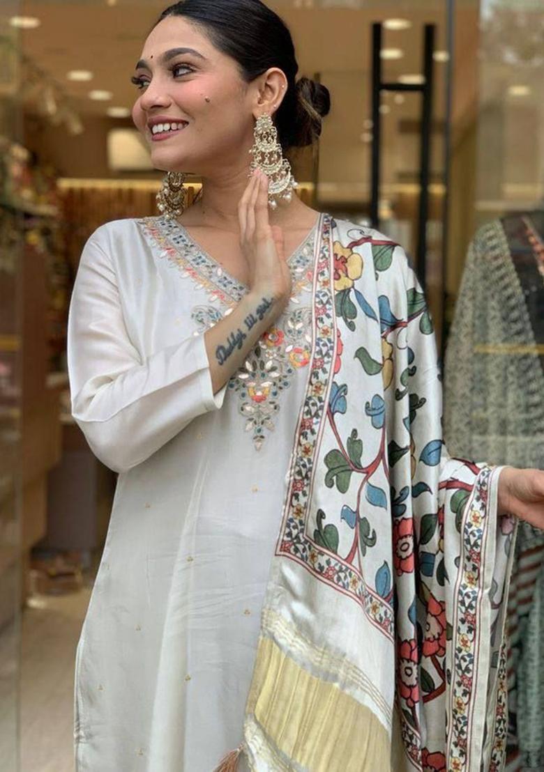 Cream Yoke Design Viscose Kurta Set - Indya