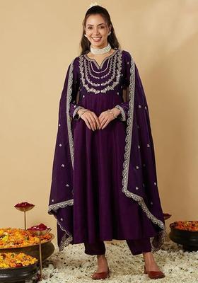 Purple Embroidered Silk Anarkali Set