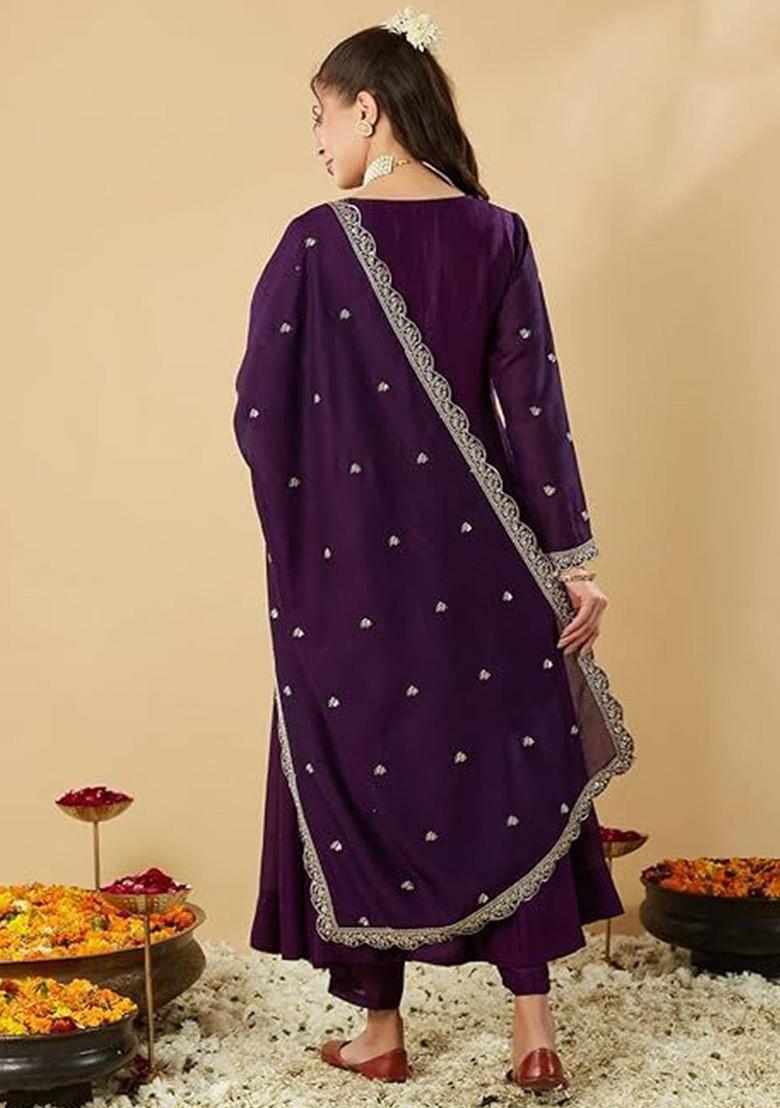 Purple Embroidered Silk Anarkali Set - Indya