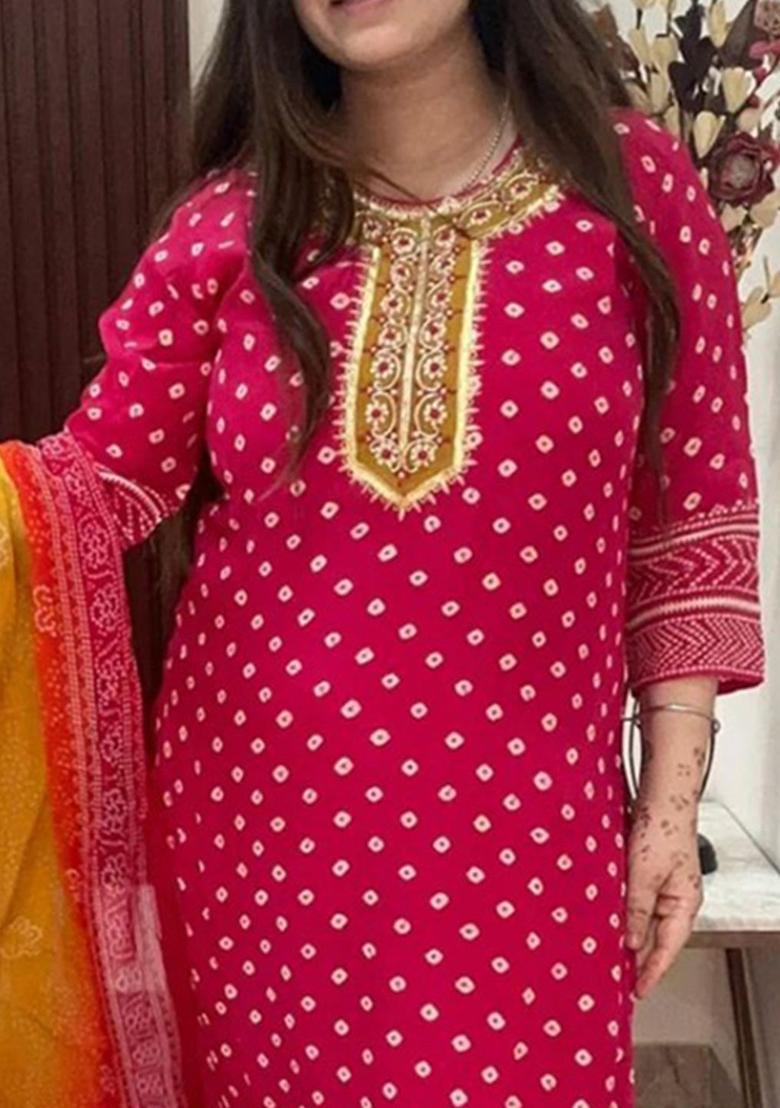 Pink Printed Viscose Kurta Set - Indya