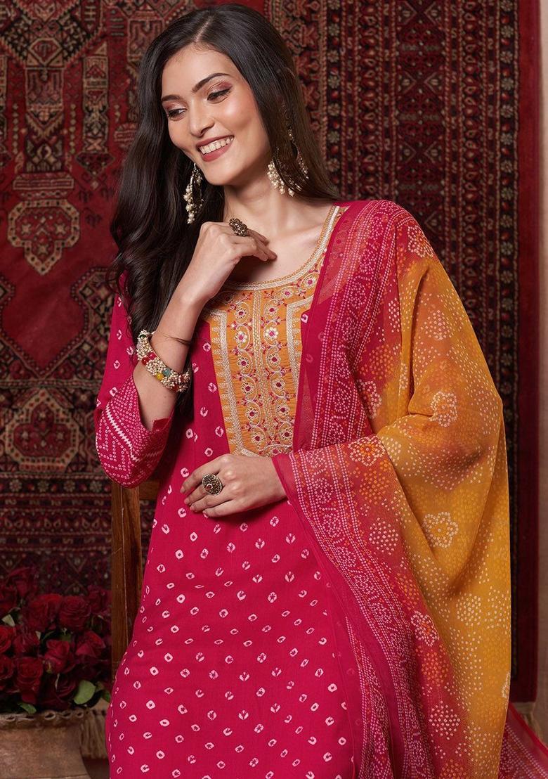 Pink Printed Viscose Kurta Set - Indya