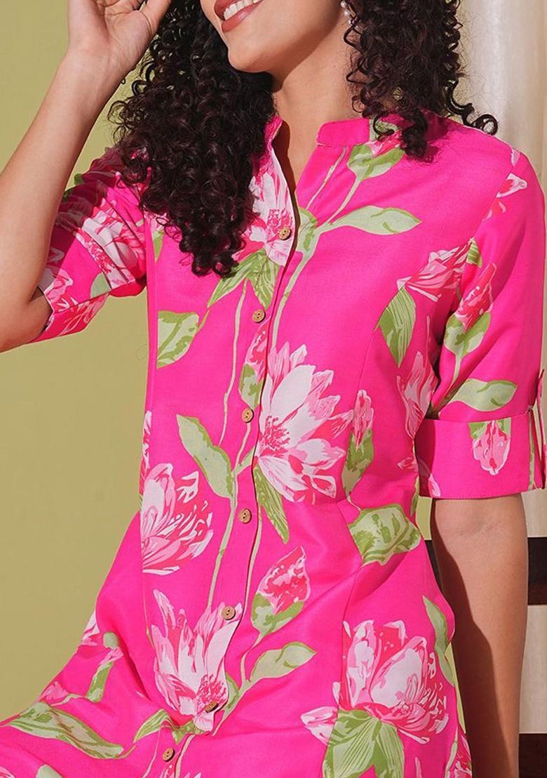 Pink Printed Viscose Kurta Set - Indya