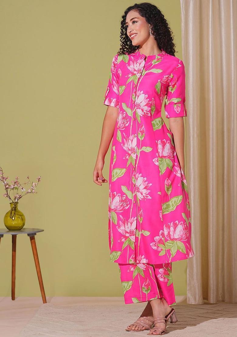 Pink Printed Viscose Kurta Set - Indya