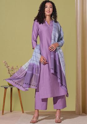 Purple Solid Viscose Kurta Set