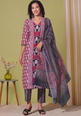 Maroon Printed Viscose Kurta Set