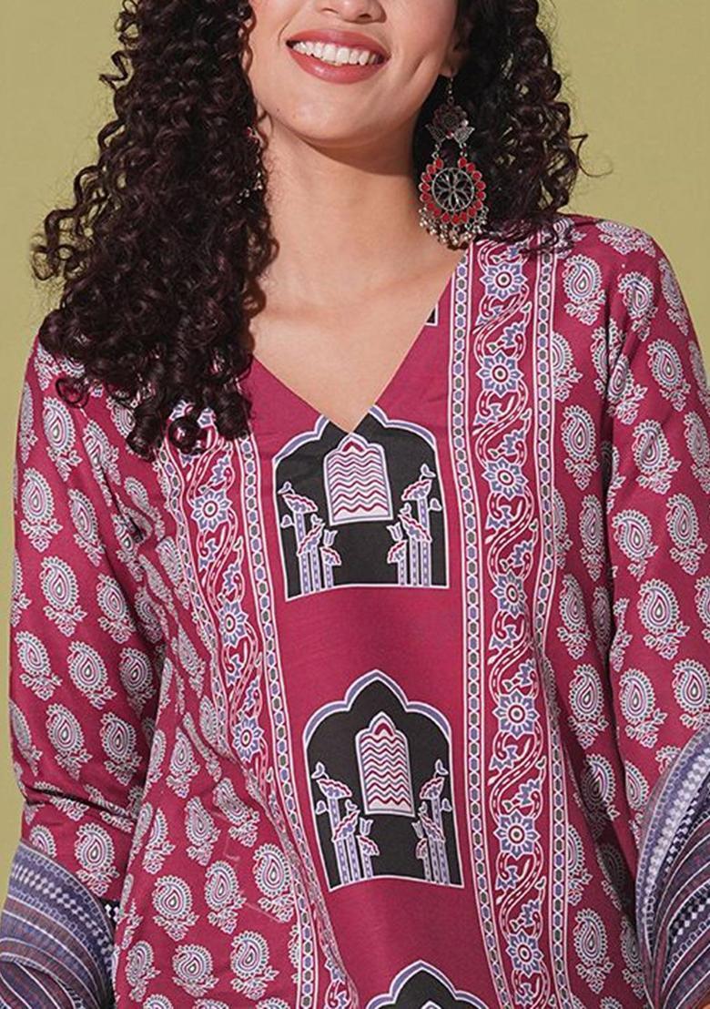 Maroon Printed Viscose Kurta Set - Indya