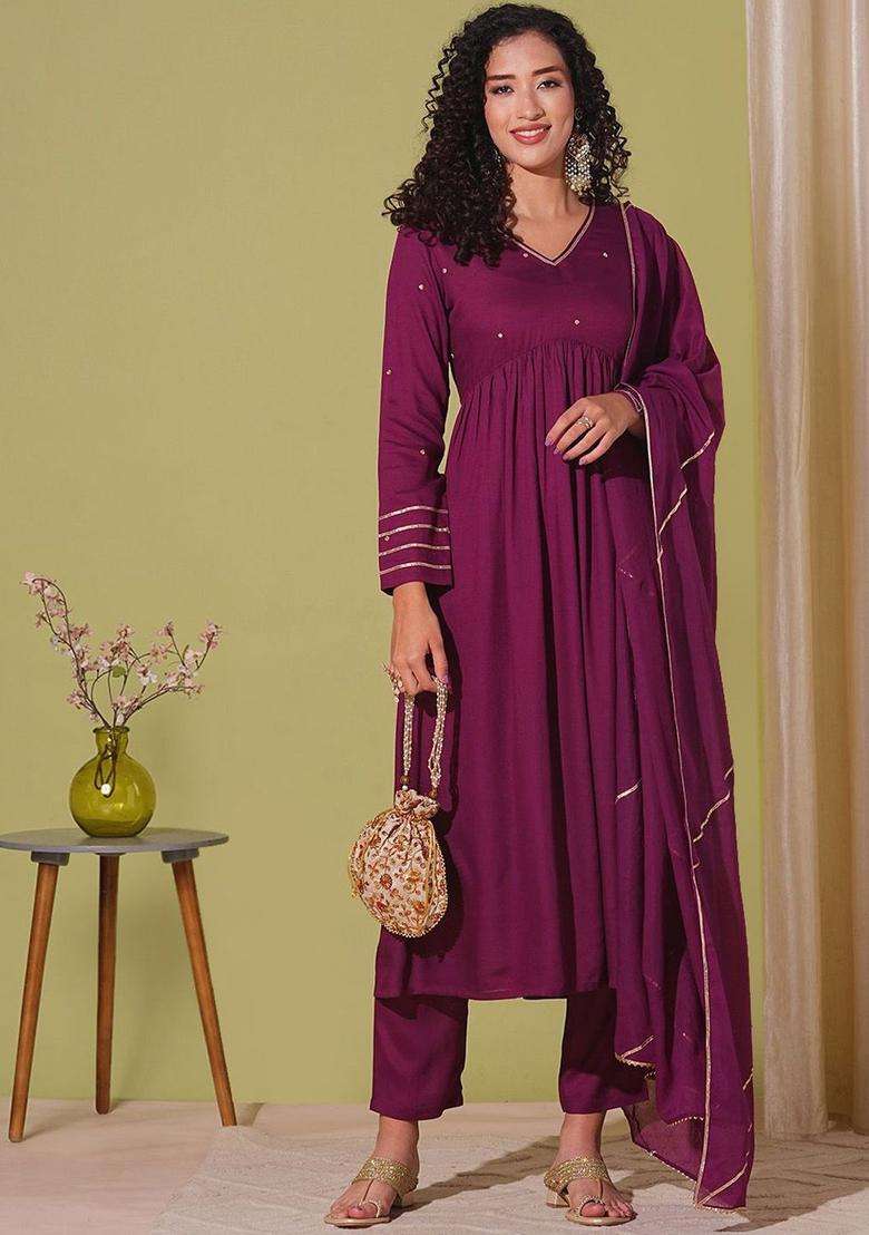 Maroon Solid Viscose Anarkali Set - Indya