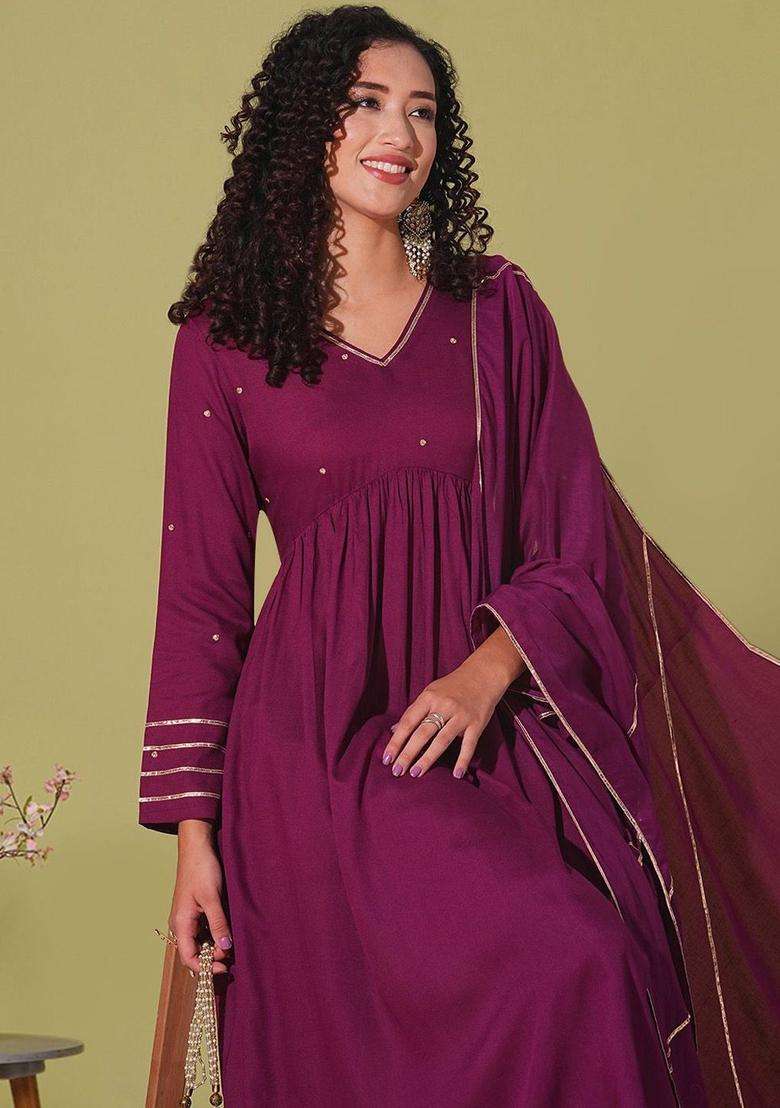 Maroon Solid Viscose Anarkali Set - Indya