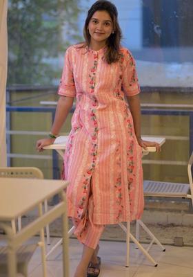 Peach Printed Viscose Kurta Set
