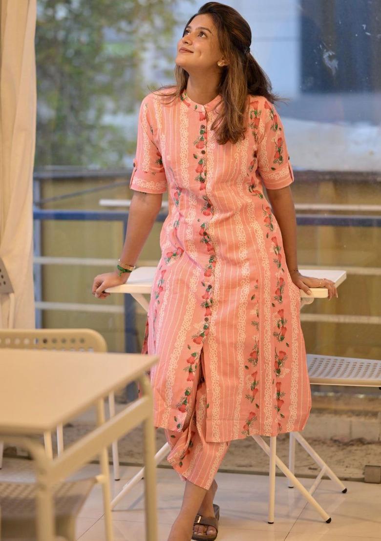 Peach Printed Viscose Kurta Set - Indya