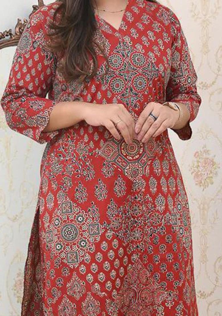 Red Printed Viscose Kurta Set - Indya
