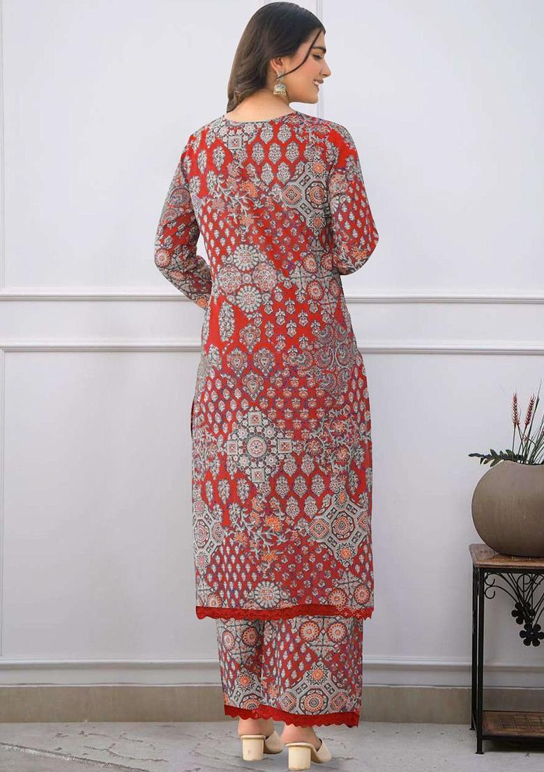 Red Printed Viscose Kurta Set - Indya