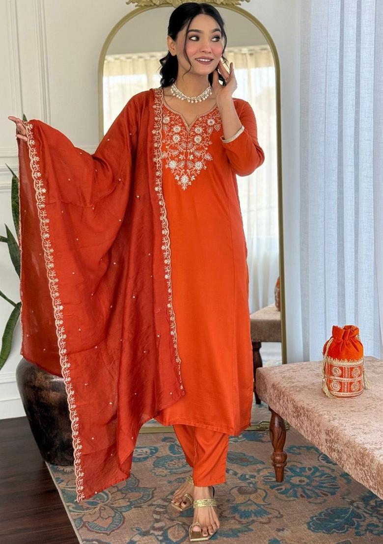 Orange Embroidered Viscose Kurta Set - Indya