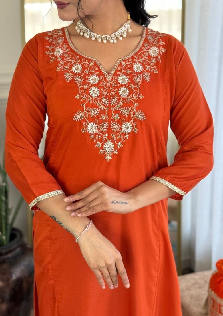 Orange Embroidered Viscose Kurta Set - Indya