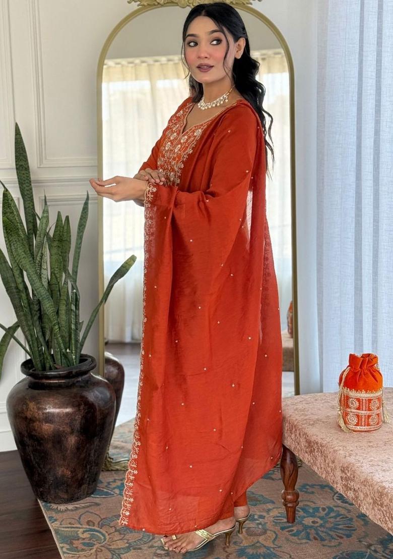 Orange Embroidered Viscose Kurta Set - Indya